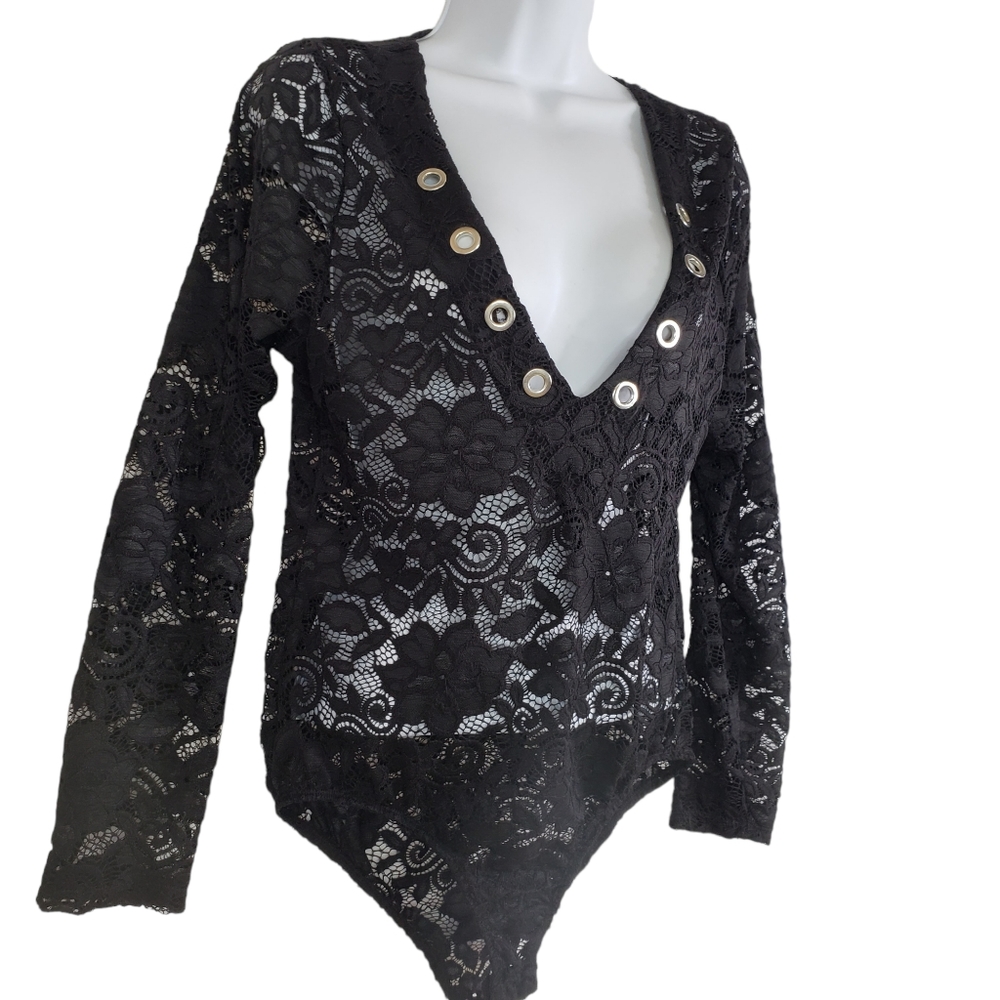 DICE Long Sleeve Bodysuit Women's Medium Black Lace See through top Snap grommet